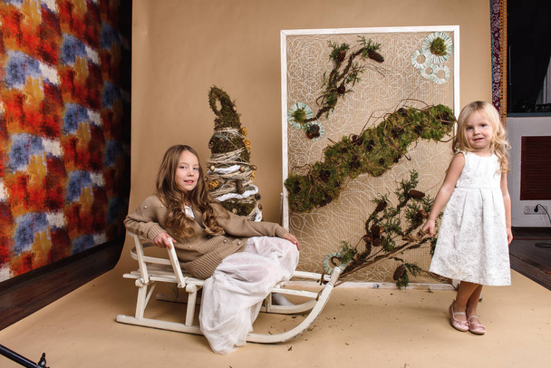 Two blonde sisters by a makeshift Christmas tree - Foto, imagen