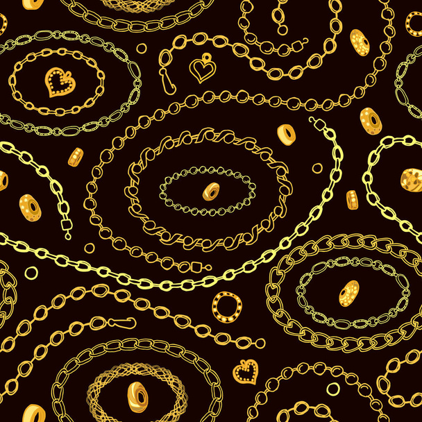 Patrón sin costuras con joyas sobre un fondo marrón. Cadenas, anillos, pulseras dibujadas a mano. Ilustración vectorial
 - Vector, Imagen