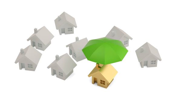 Green umbrella and house  Isolated on white background. 3d illus - Фото, изображение