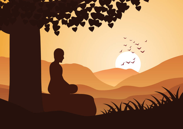 μοναχός διαλογισμός καθίσει στο βουνό πρόσωπο με τον ήλιο με ηρεμία - Διάνυσμα, εικόνα