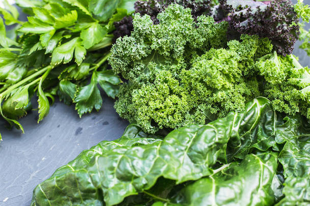 Green vegetables food collage. Kale, celery and chard. - Fotografie, Obrázek