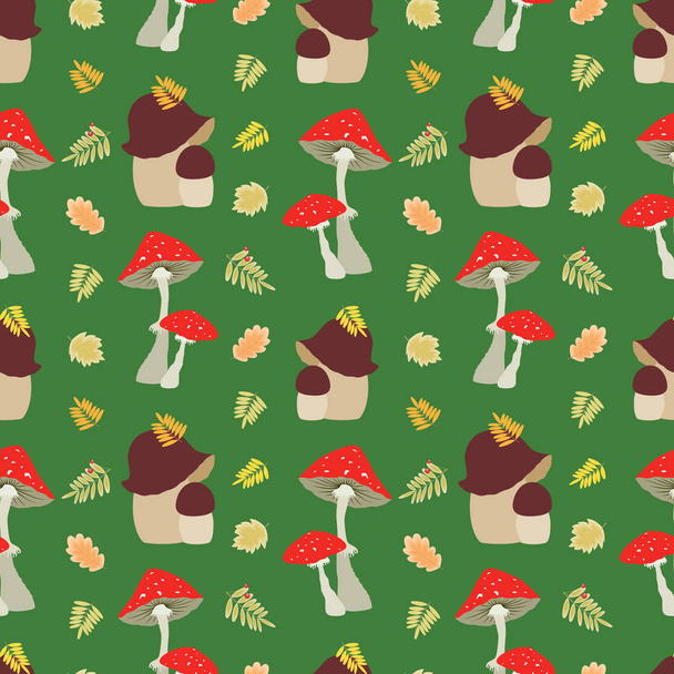 Płynny wzór leśnych grzybów z opadającymi liśćmi - Wektor, obraz