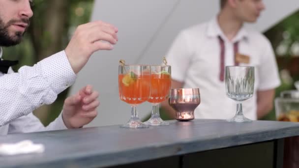 bartender make client grant drinks, barman decorate coctail, barkeeper makes colour cocktail, tapster behind bar - Footage, Video