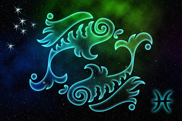 The astrological sign of the zodiac is Pisces, against the backg - Фото, изображение