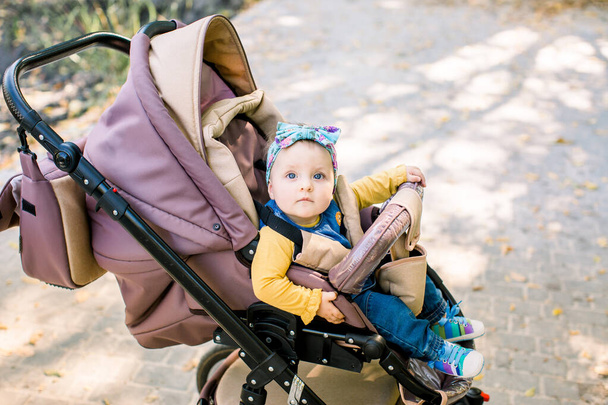 cute baby sitting on baby stroller carriage and posing smiling - Foto, imagen