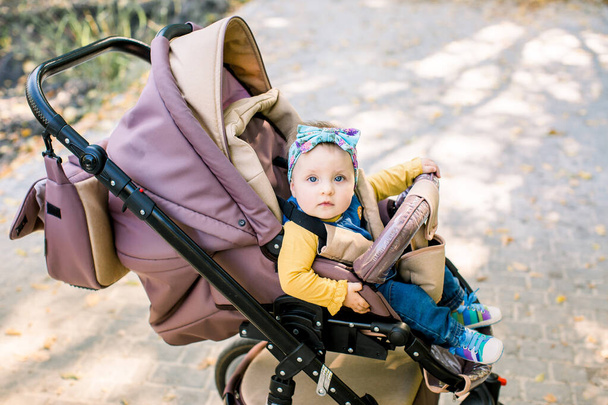 cute baby sitting on baby stroller carriage and posing smiling - Zdjęcie, obraz