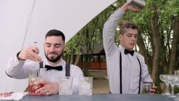 dois bartenders atrás da barra, barman agitar gelo colher em vidro, bartender derramando coquetel de shaker em vidro de mistura
 - Filmagem, Vídeo