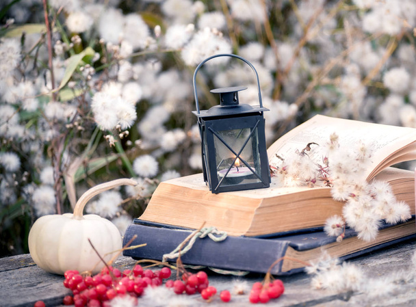 lantern with a candle and tea inside among white fluffs. fabulous magical photo.  autumn cozy still life. - Photo, Image