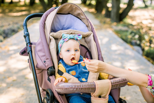 Mother Feeding Her Baby Girl with a Spoon. Mother Giving Food to her adorable Child . cute baby sitting on baby stroller carriage and posing smiling - Fotografie, Obrázek