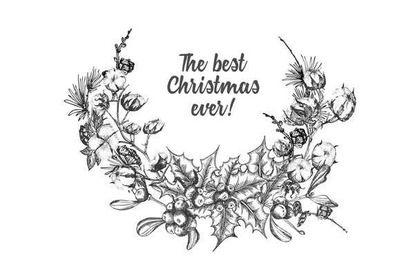 Ručně kreslená botanická kresba věnce s vánočními větvemi rostlin. Klasika ročníku. Tradiční sváteční dekorace. Pro design slavnostní přání, pozvání, plakát, banner. Vektorová ilustrace - Vektor, obrázek