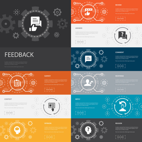 feedback Infographic 10 lijn pictogrammen banners. enquête, advies, commentaar, reactie eenvoudige pictogrammen - Vector, afbeelding