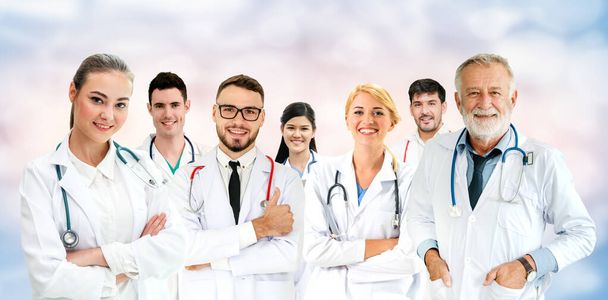 Healthcare people group. Professional doctor working in hospital office or clinic with other doctors, nurse and surgeon. Medical technology research institute and doctor staff service concept. - Photo, Image