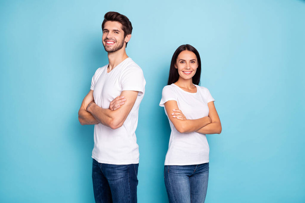 Profile side view portrait of his he her she nice attractive charming content cheerful cheery friends folded arms isolated over bright vivid shine vibrant blue green turquoise background - Foto, imagen