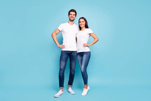 Full length body size view of his he her she nice attractive charming pretty lovely cheerful couple hugging isolated over bright vivid shine vibrant blue green turquoise background - Foto, Imagem