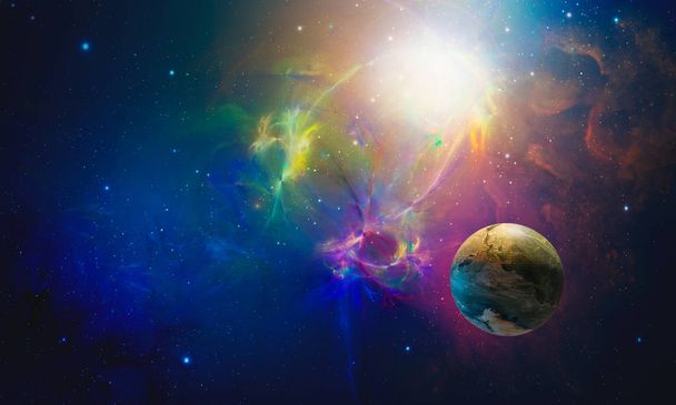 Weltraum-Hintergrund. farbenfroher fraktaler Nebel mit Planet. Elemente  - Foto, Bild