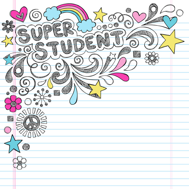 Super Student Education Back to School Rainbow Notebook Doodles Vector Illustration - Vector, Image