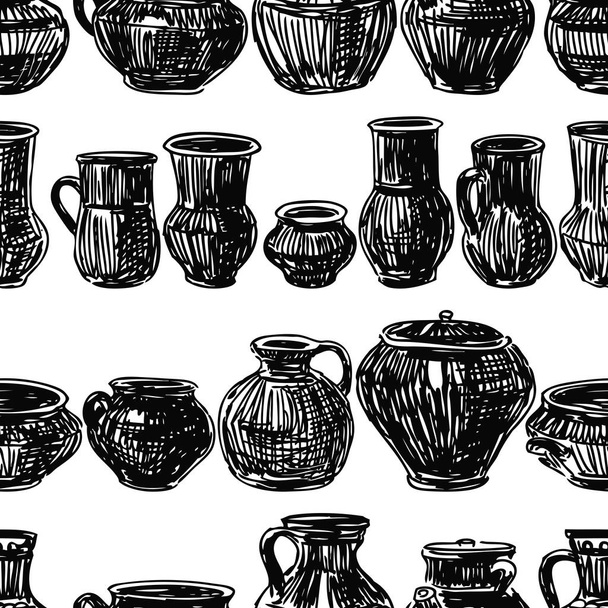 Seamless pattern of sketches of various clayware - Vektor, Bild