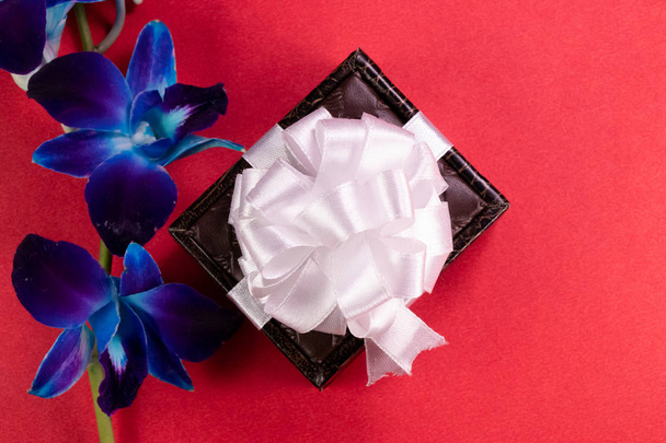 Atractiva flor de orquídea azul y caja de cuero decorada con cinta blanca sobre fondo rojo con espacio para copiar
 - Foto, imagen