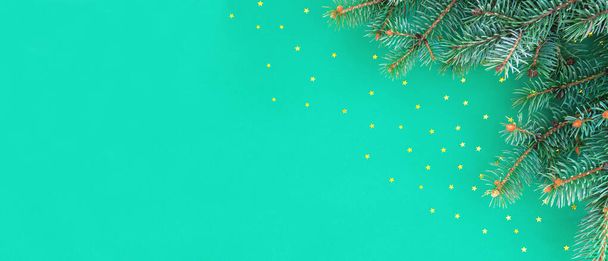 Banner navideño con borde de ramas de abeto y estrellas doradas sp
 - Foto, imagen