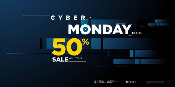 Cyber Δευτέρα πώληση 50% banner σε μοντέρνο μπλε φόντο. Cyber Δευτέρα αφίσα προώθησης, φυλλάδιο, πανό, ιστοσελίδα, ιστορία, και τα μέσα κοινωνικής δικτύωσης πρότυπο.  - Διάνυσμα, εικόνα