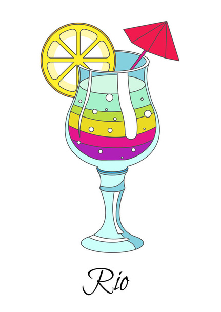 Rio cocktail, rainbow drink with lemon slice and umbrella - Διάνυσμα, εικόνα
