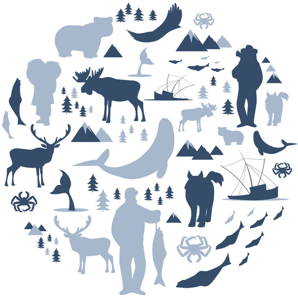 Ícones e imagens do círculo polar norte. Animais, esquimós, florestas, montanhas, caçadores, barcos, peixes e pescadores
 - Vetor, Imagem