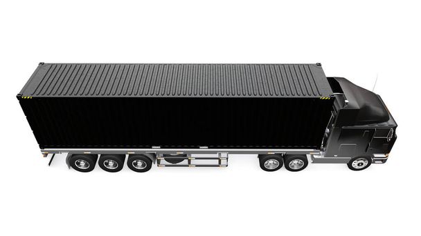 Un grand camion noir rétro avec une pièce de couchage et une extension aérodynamique transporte une remorque avec un conteneur maritime. Rendu 3d
. - Photo, image