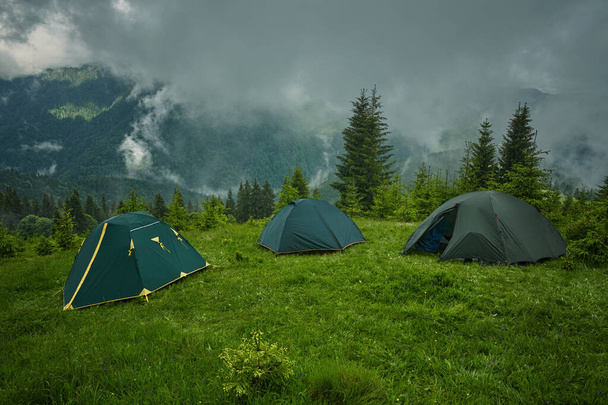 Zelten und Zelten im Wald in den Bergen - Foto, Bild
