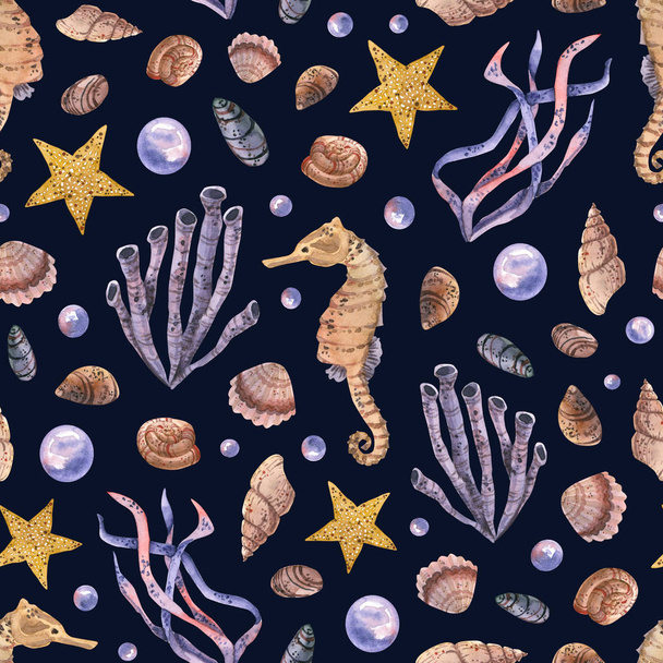 Suluboya taşları, deniz kabukları, yosun, deniz atı ve deniz yıldızlarıyla kusursuz desen. El çizimi illüstrasyon - Fotoğraf, Görsel