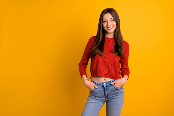 Photo of attractive cute charming nice youngster millennial wearing jeans denim smiling toothily isolated over vivd color yellow background - Fotografie, Obrázek