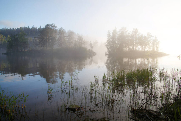 Foggy morning landscape on the lake, Valaam Island, Karelia, Russia. - Valokuva, kuva