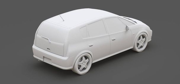 Biały miejski samochód z pustą powierzchnią do kreatywnego projektowania. Model z tworzywa sztucznego wydrukowany na drukarce 3D. ilustracja 3D. - Zdjęcie, obraz