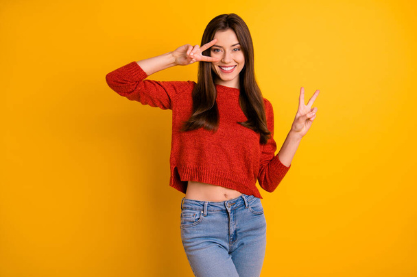 Photo of cute nice charming pretty sweet girlfriend showing you double v-sign isolated over vivid color yellow background - Foto, imagen