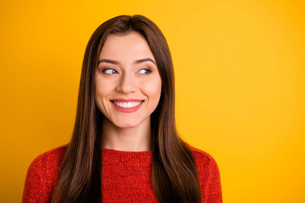 Close up photo of charming positive cheerful cute lady have fun look plan her weekends feel inspired wear red sweater isolated over yellow color background - Valokuva, kuva