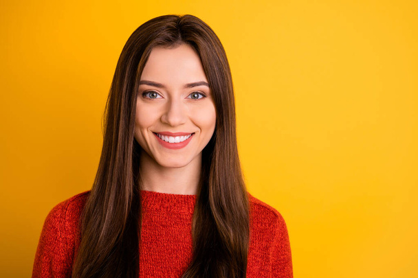 Close up photo of cheerful positive girl feel she is cool smart entrepreneur want success on work stare wear good look clothes isolated over yellow color background - Fotografie, Obrázek