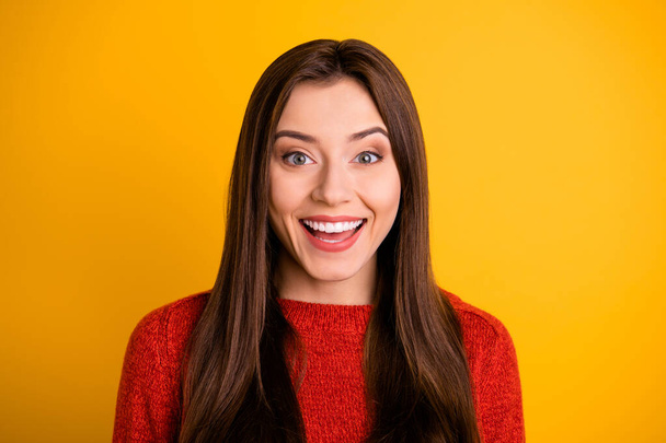 Close up photo of cute astonished girl hear wonderful incredible information about black friday scream shout wow omg wear red pullover isolated over yellow color background - Valokuva, kuva