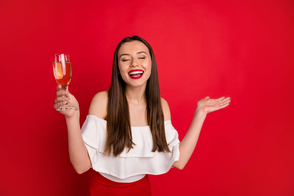 Portrait of her she nice-looking attractive lovely fascinating glamorous adorable pretty winsome cheerful cheery lady having fun greetings isolated on bright vivid shine red background - Foto, Bild