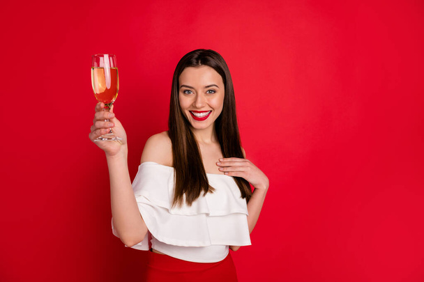 Portrait of her she nice-looking attractive lovely winsome gorgeous luxurious cheerful cheery glad positive lady having fun greetings isolated on bright vivid shine red background - Valokuva, kuva