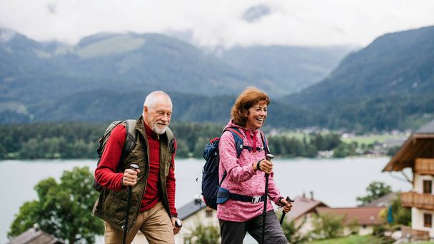 Senior pensioner couple with nordic walking poles hiking in nature. - Zdjęcie, obraz