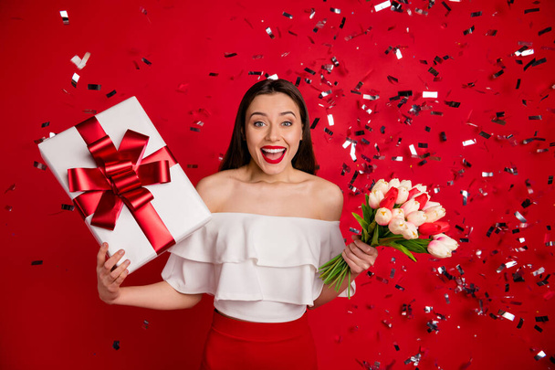 Portrait of her she nice-looking attractive lovely adorable smart lovable fascinating gorgeous cheerful cheery glad excited lady holding in hands gifts isolated on bright vivid shine red background - Photo, image