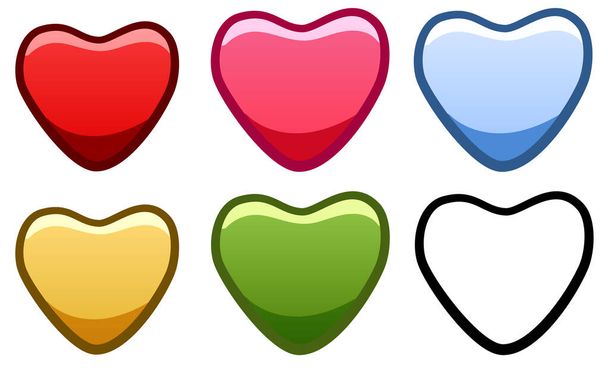 Six hearts of different colors set on white background - Vector, Image