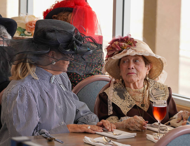 Dvě starší dámy v dobovém oblečení si užívají den na dostizích. Fotografie byla pořízena v Arizona Downs, Prescott Valley, Arizona na den žen. - Fotografie, Obrázek