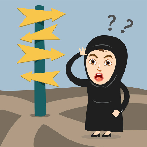 una chica o mujer árabe musulmana saudita sintiéndose confundida sobre opciones de carrera
. - Vector, imagen