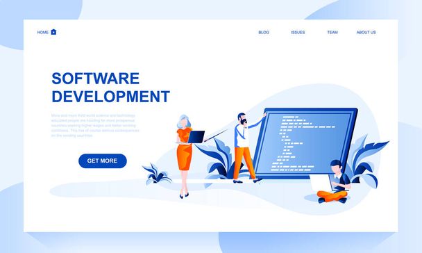 Software development vector landing page template with header. Application coding, programming web banner, homepage with flat illustrations - Vector, Image
