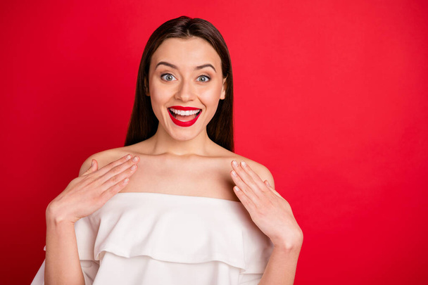 Portrait of pretty lady looking screaming shouting wearing of-shoulders isolated over red background - Фото, зображення