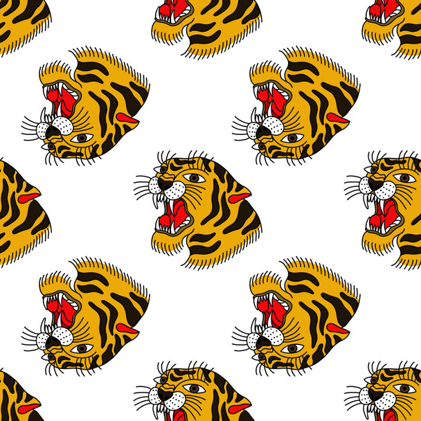 tiger seamless doodle pattern, traditional tattoo illustration - ベクター画像