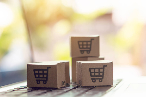 Online shopping - Paper cartons or parcel with a shopping cart l - Foto, afbeelding