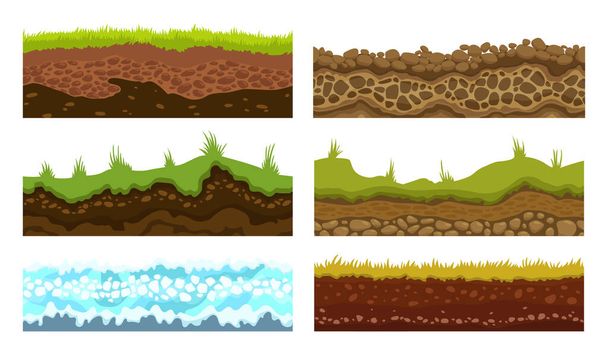 Безшовні ґрунти, ґрунти та наземні векторні набори для ігор в інтернеті. Поверхнева вода кам'яна трава сніговий лід ілюстрація
. - Вектор, зображення