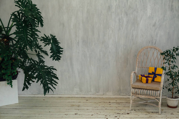 λευκή καρέκλα με δώρα με φυτά στο εσωτερικό ενός παλαιού γκρίζου δωματίου - Φωτογραφία, εικόνα