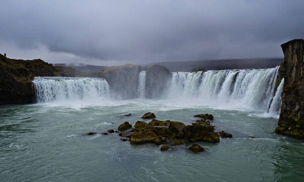 Godafoss, One of the most famous waterfalls in Iceland. Aerial drone shot in september 2019 - Photo, Image